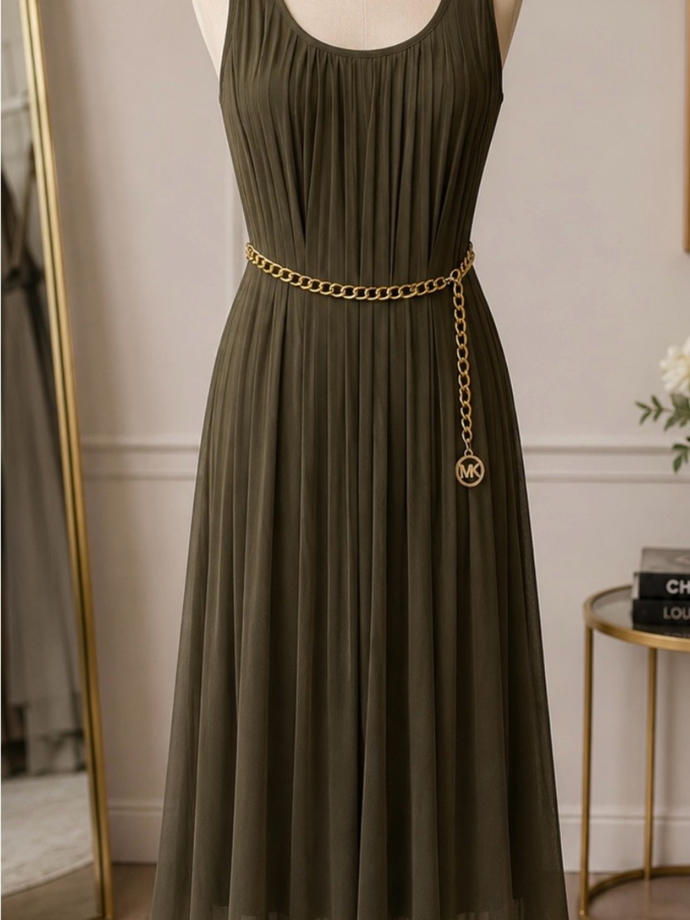 Michael Kors Olive Pleated Sleeveless Midi Dress with Gold Chain Belt